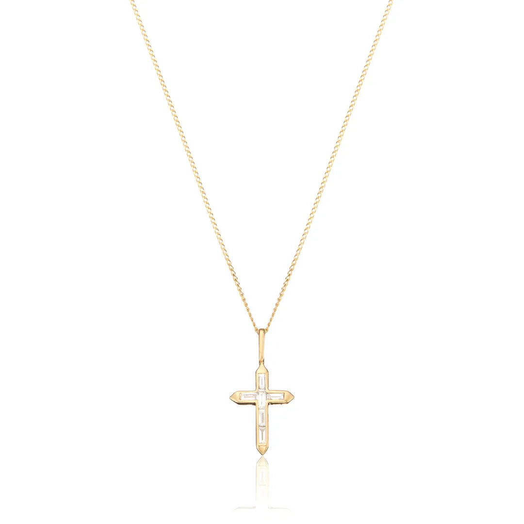 Solid Gold Baguette Genuine Diamond Tiny Cross Necklace