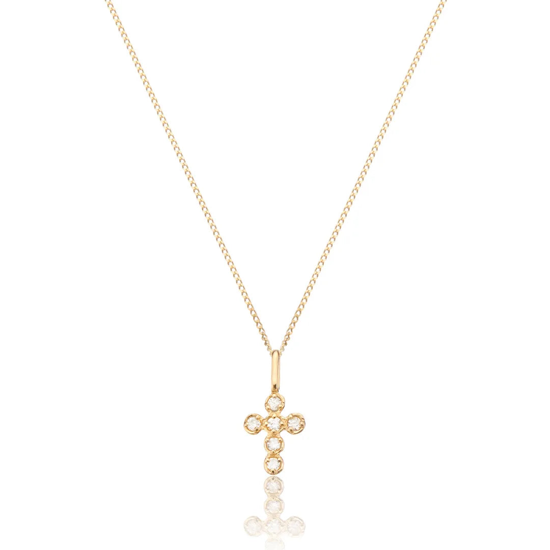 Solid Gold Genuine Diamond Rounded Tiny Cross Necklace
