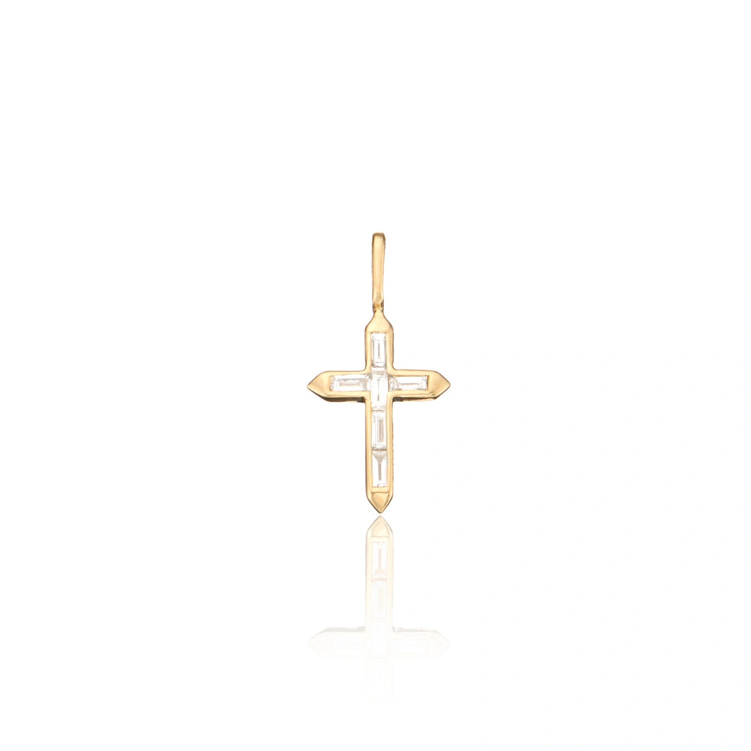 Solid Gold Individual Baguette Genuine Diamond Tiny Cross Charm