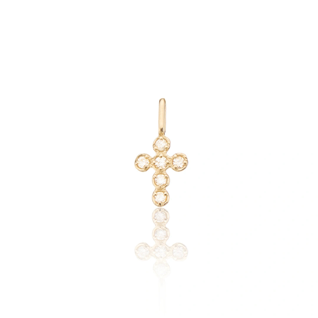 Solid Gold Individual Genuine Diamond Rounded Tiny Cross Charm