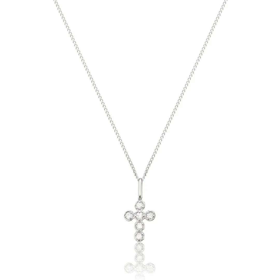 Solid White Gold Genuine Diamond Rounded Tiny Cross Necklace
