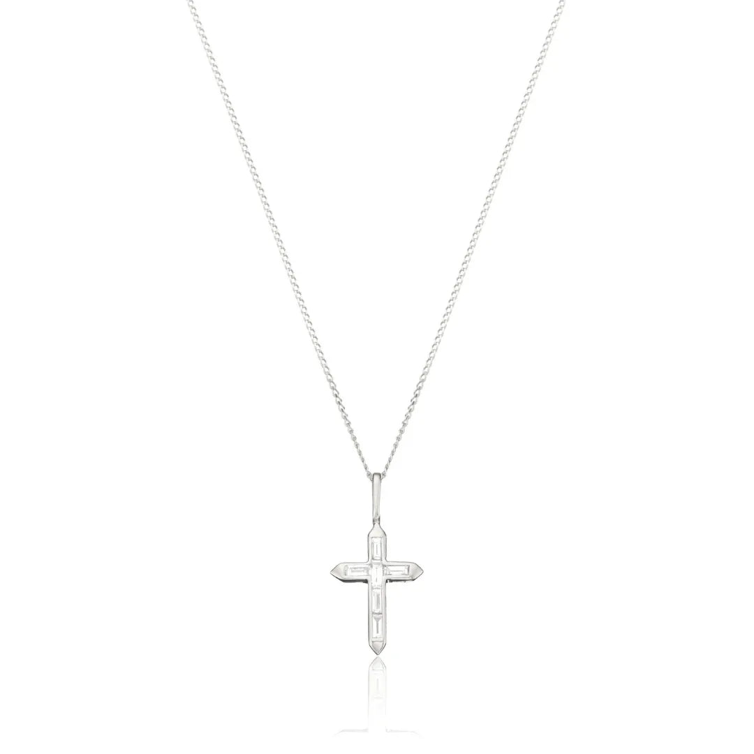 Solid White Gold Baguette Genuine Diamond Tiny Cross Necklace
