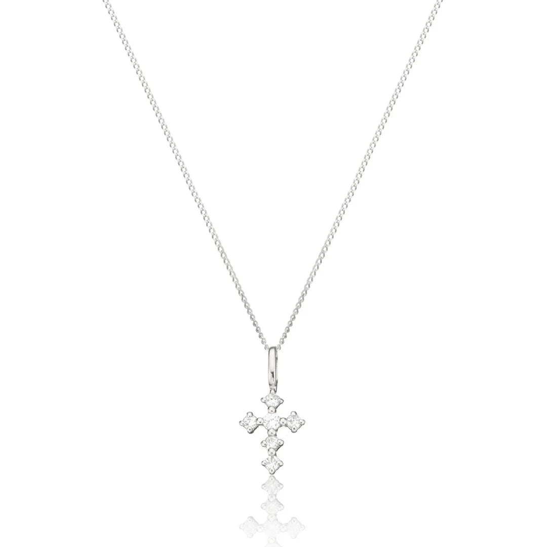 Solid White Gold Brilliant Genuine Diamond Tiny Cross Necklace