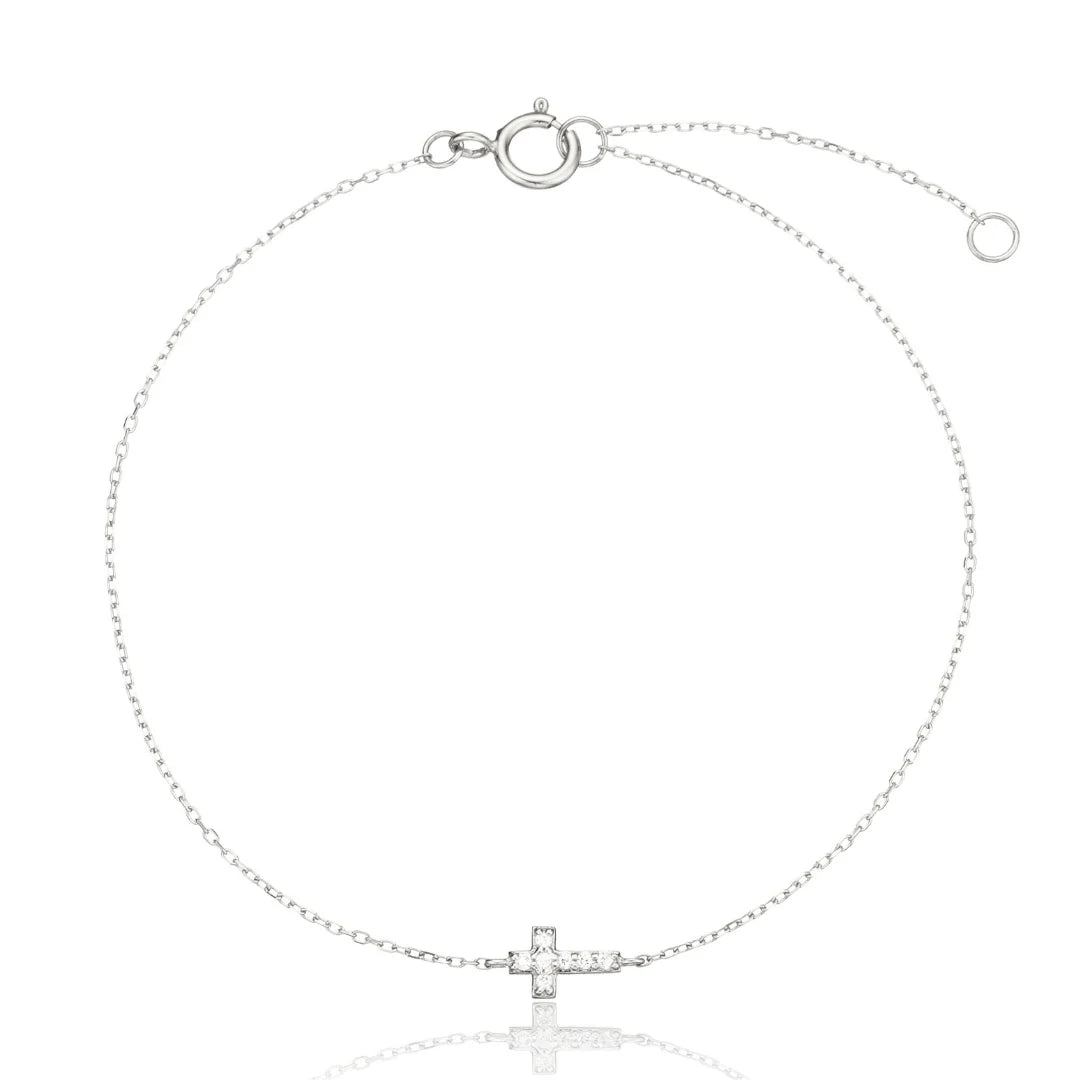 Solid White Gold Genuine Diamond Tiny Cross Bracelet