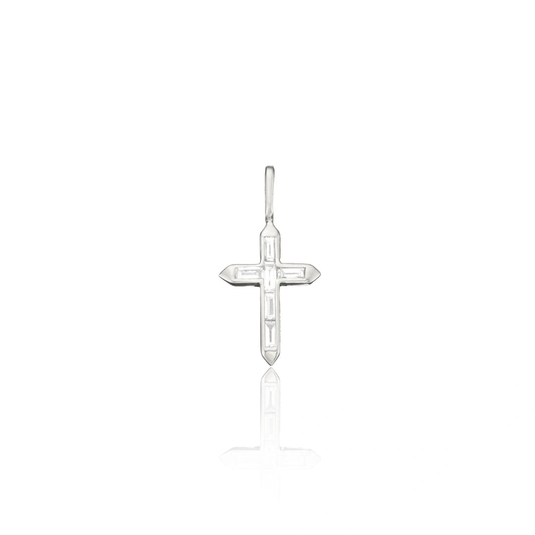 Solid White Gold Individual Baguette Genuine Diamond Tiny Cross Charm
