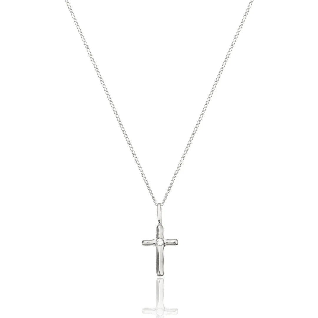 Solid White Gold Single Genuine Diamond Tiny Cross Necklace