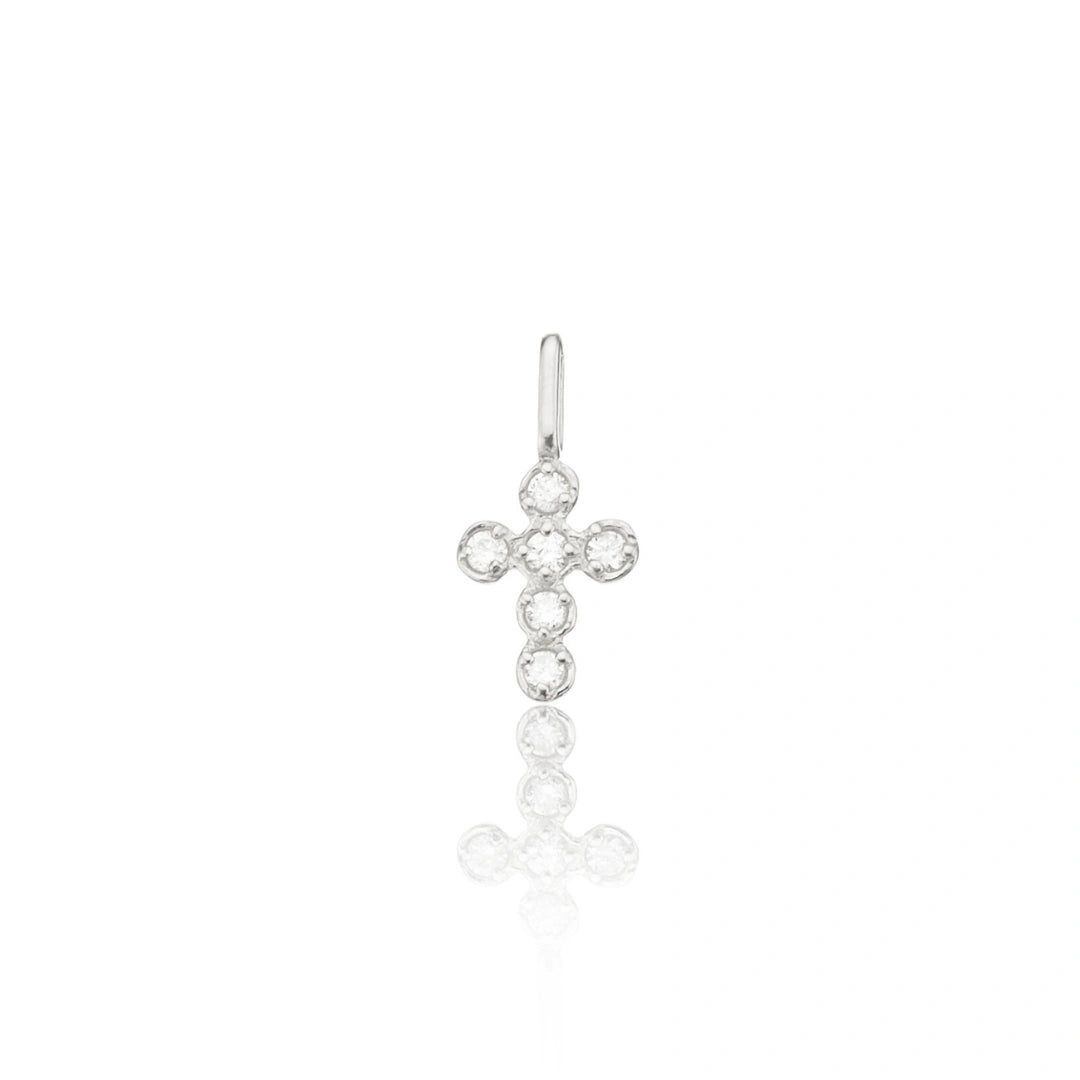 Solid White Gold Individual Genuine Diamond Rounded Tiny Cross Charm