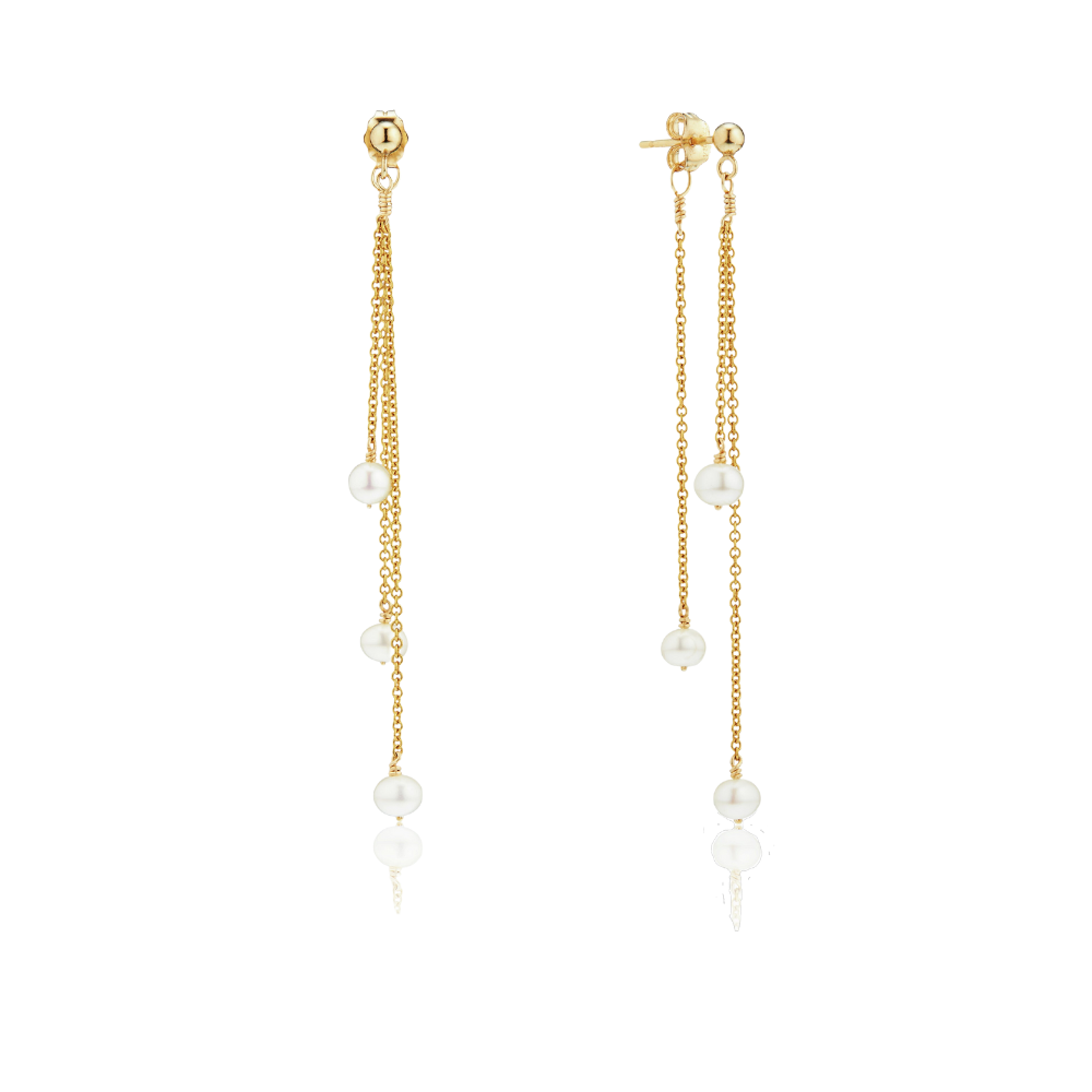 Gold layered pearl drop earrings on a white background