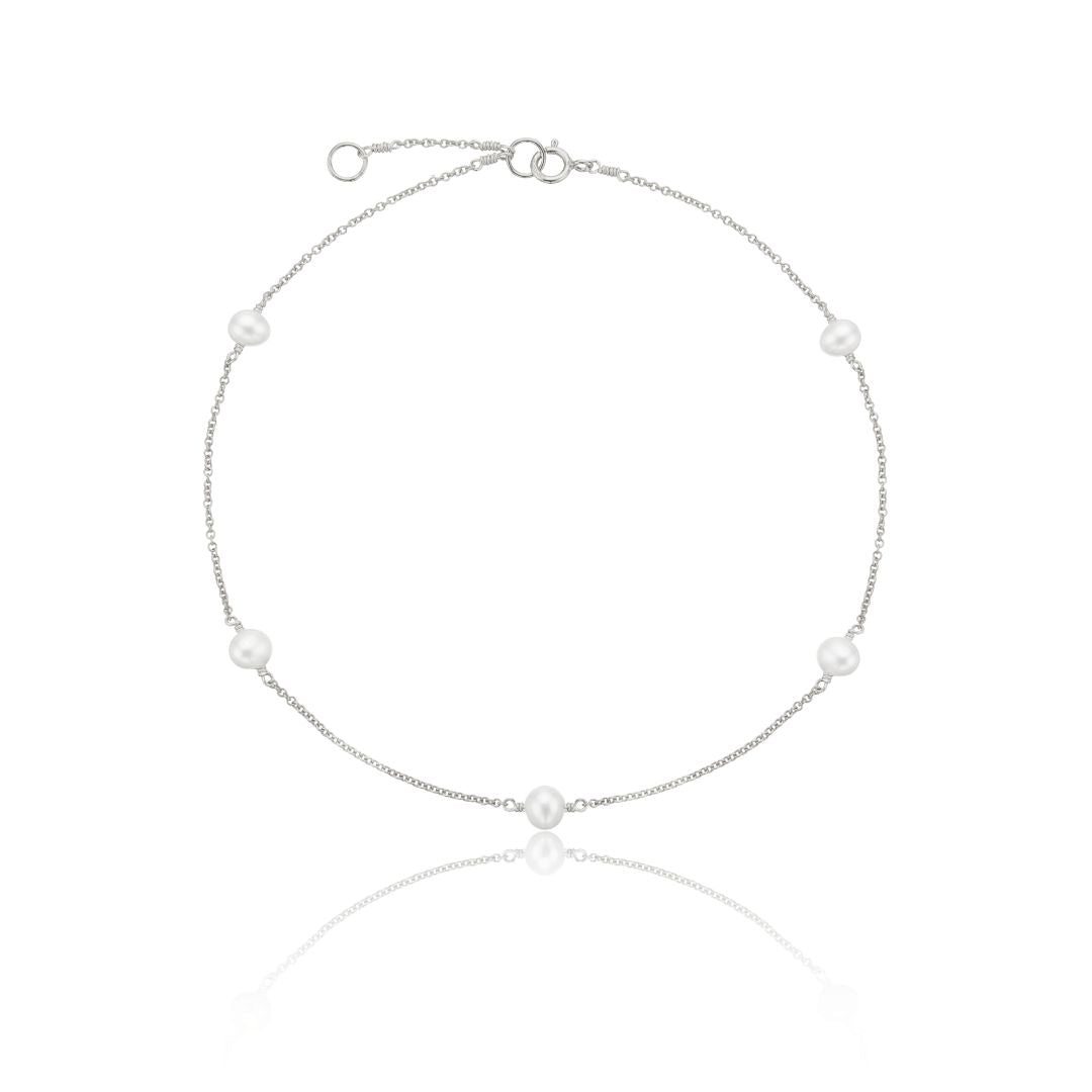 Solid White Gold Five Pearl Anklet