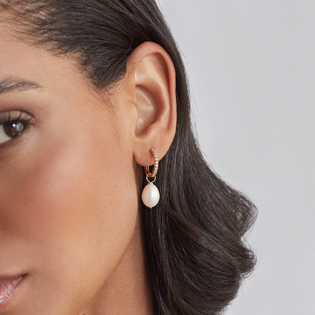 Gold Diamond Style Large Pearl Drop Hoop Earrings