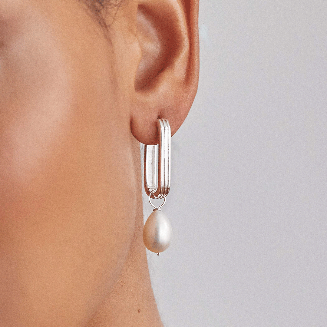 Silver Large Ribbed Pearl Drop Hoop Earrings