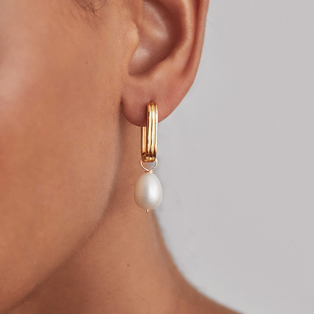 Gold Ribbed Pearl Drop Hoop Earrings