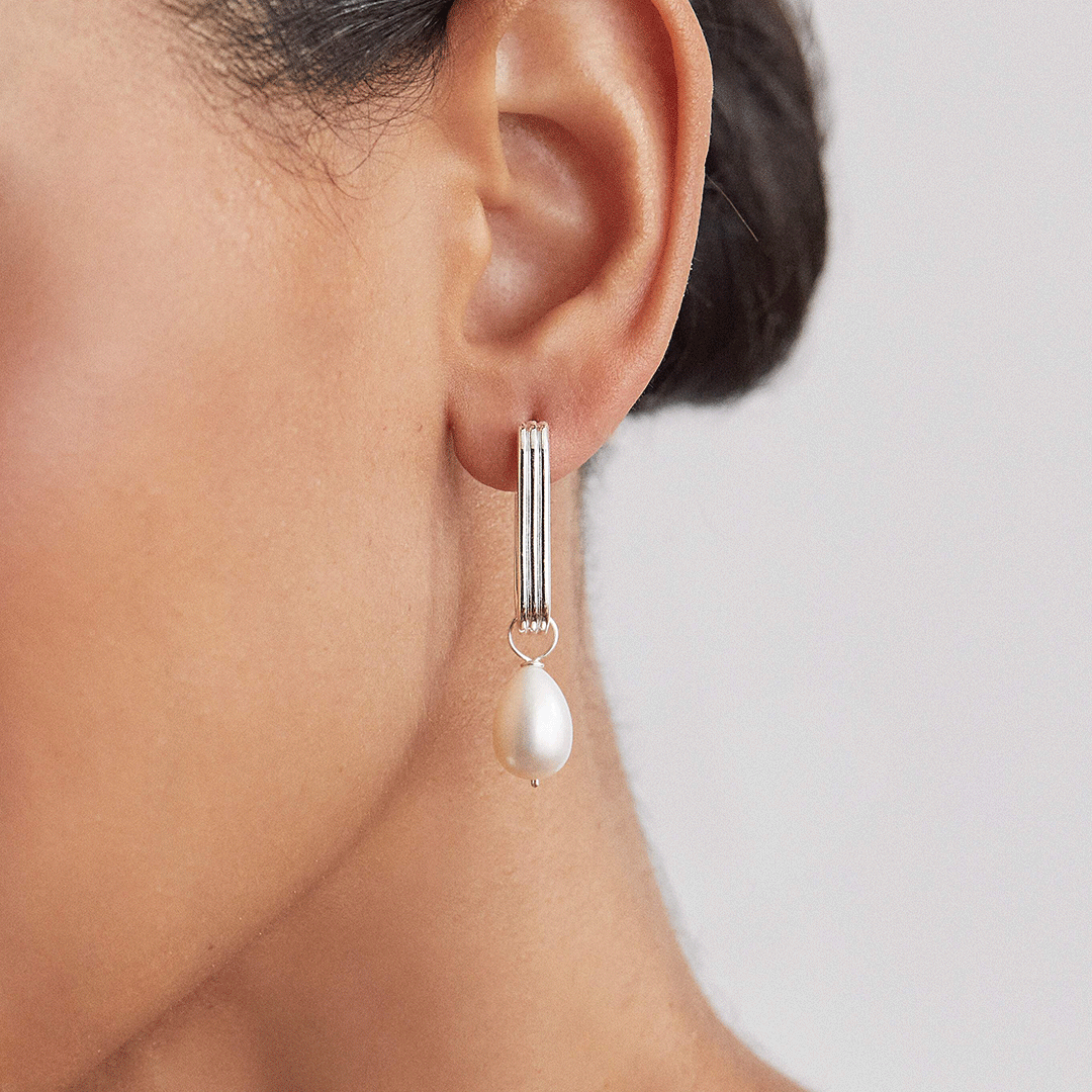Silver Large Ribbed Pearl Drop Hoop Earrings