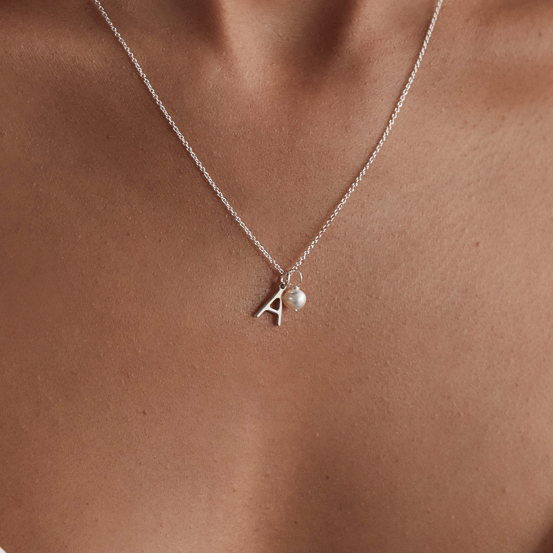 Solid White Gold Initial and Pearl Drop Necklace