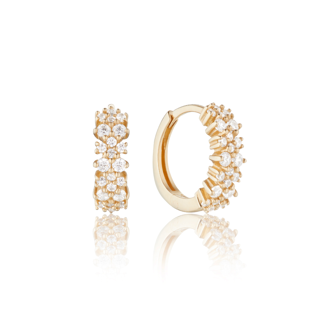 Gold Diamond Style Double Cluster Huggie Hoop Earrings