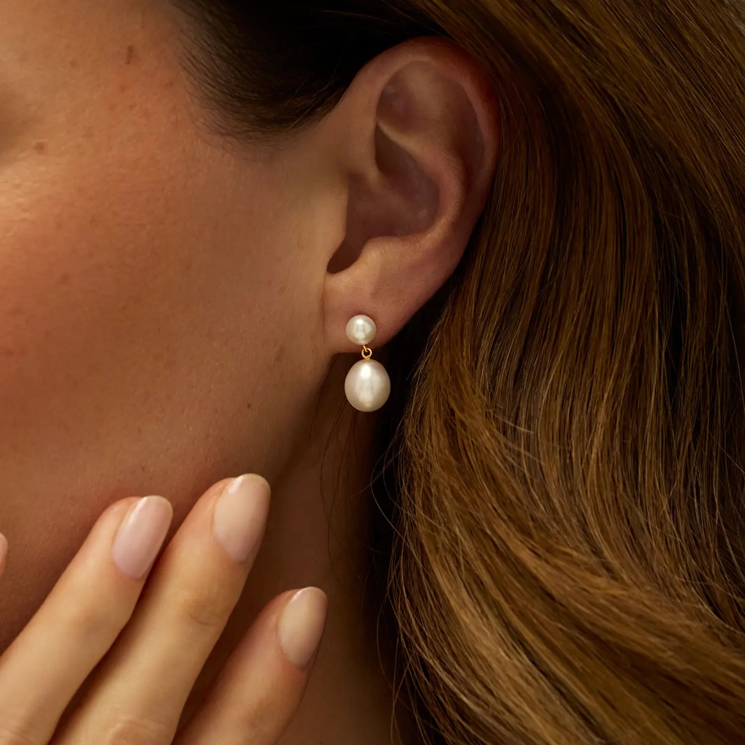 Gold Double Pearl Drop Stud Earrings