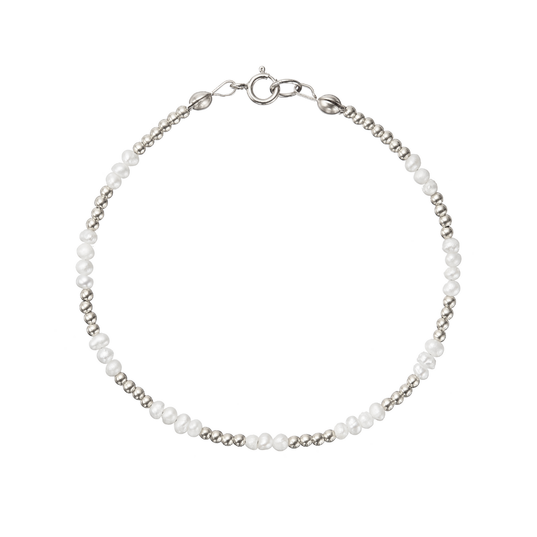Silver beaded mini pearl bracelet on a white background