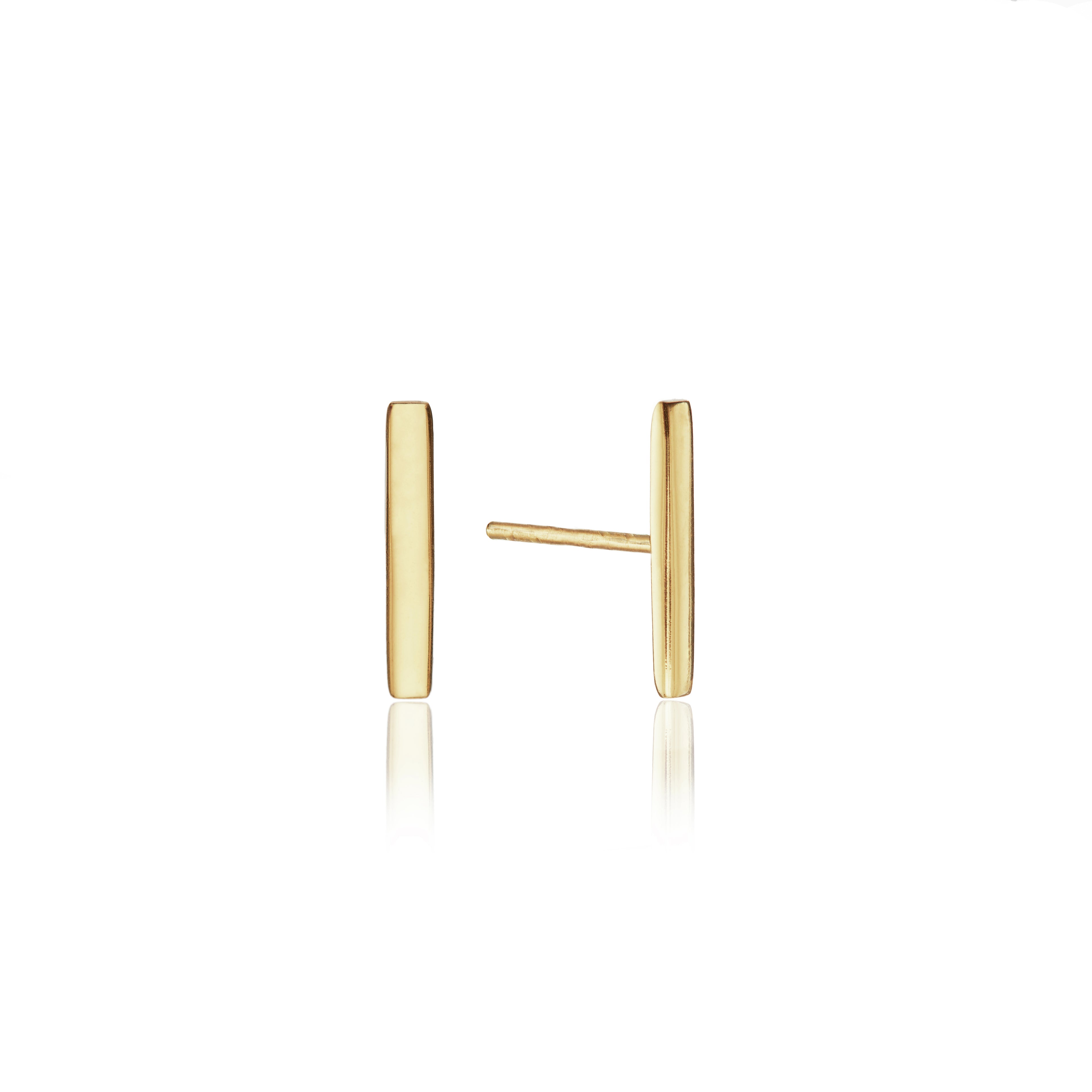 Gold plain bar stud earrings on a white background