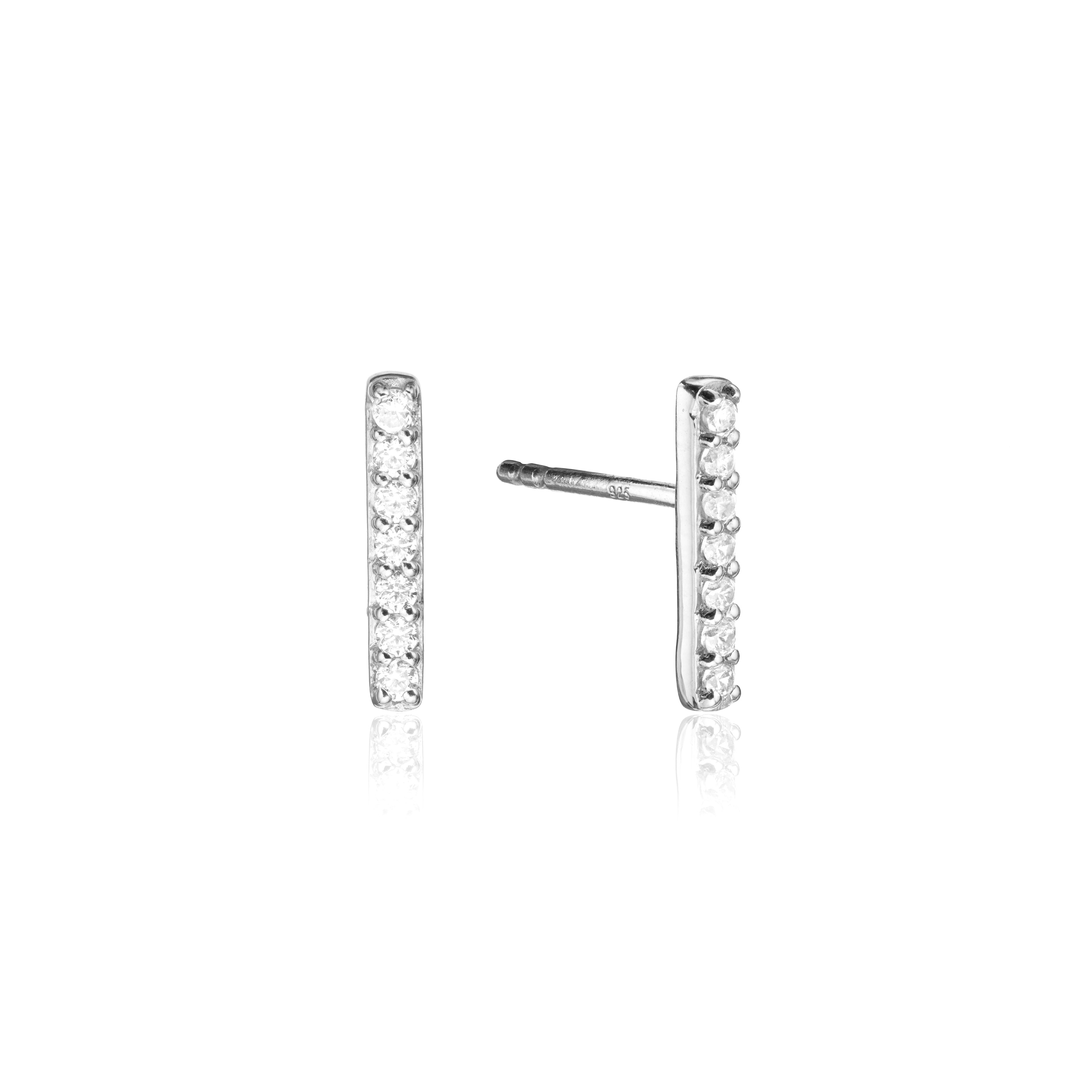 Silver diamond style bar stud earrings on a white background