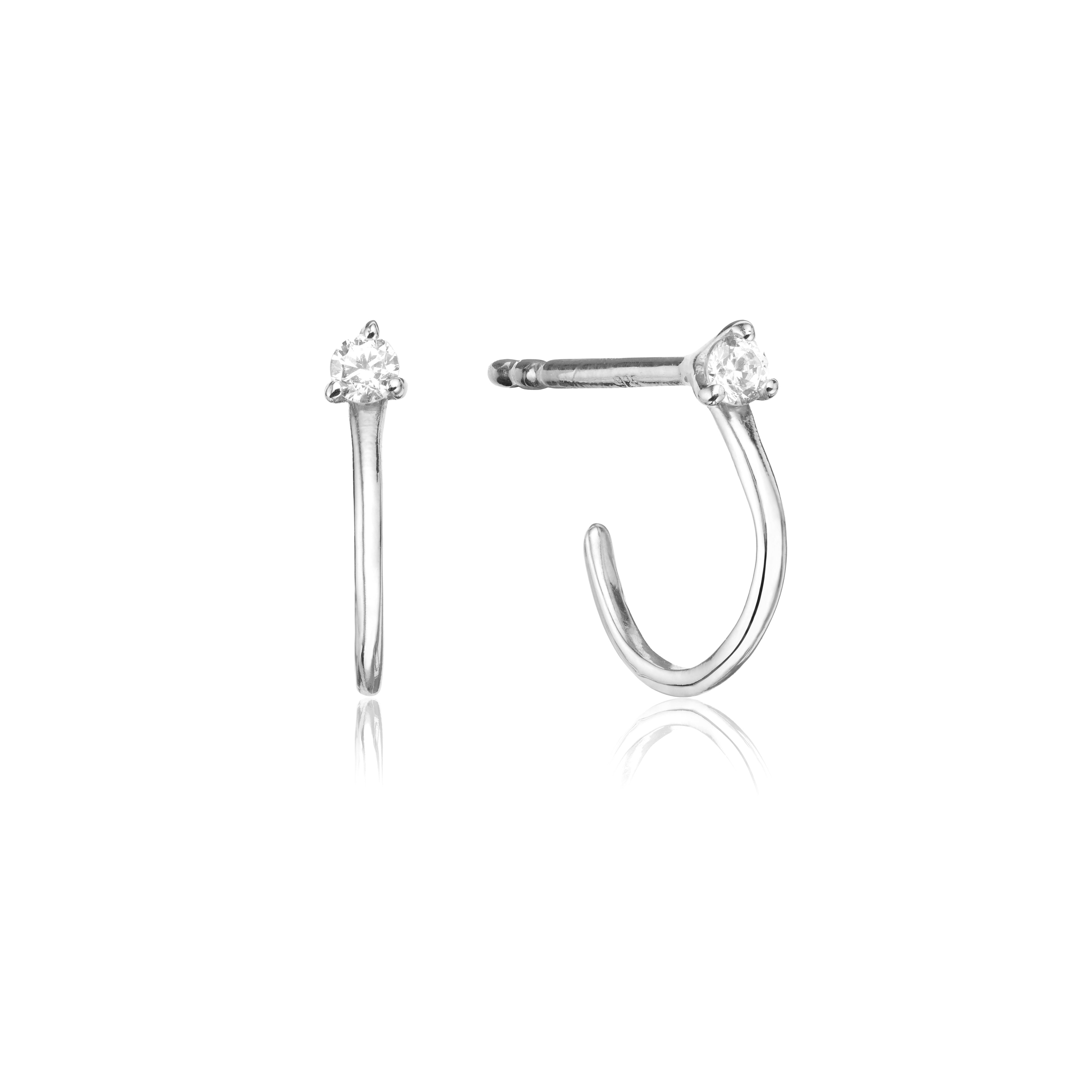 Silver diamond style lobe hoop stud earrings on a white background