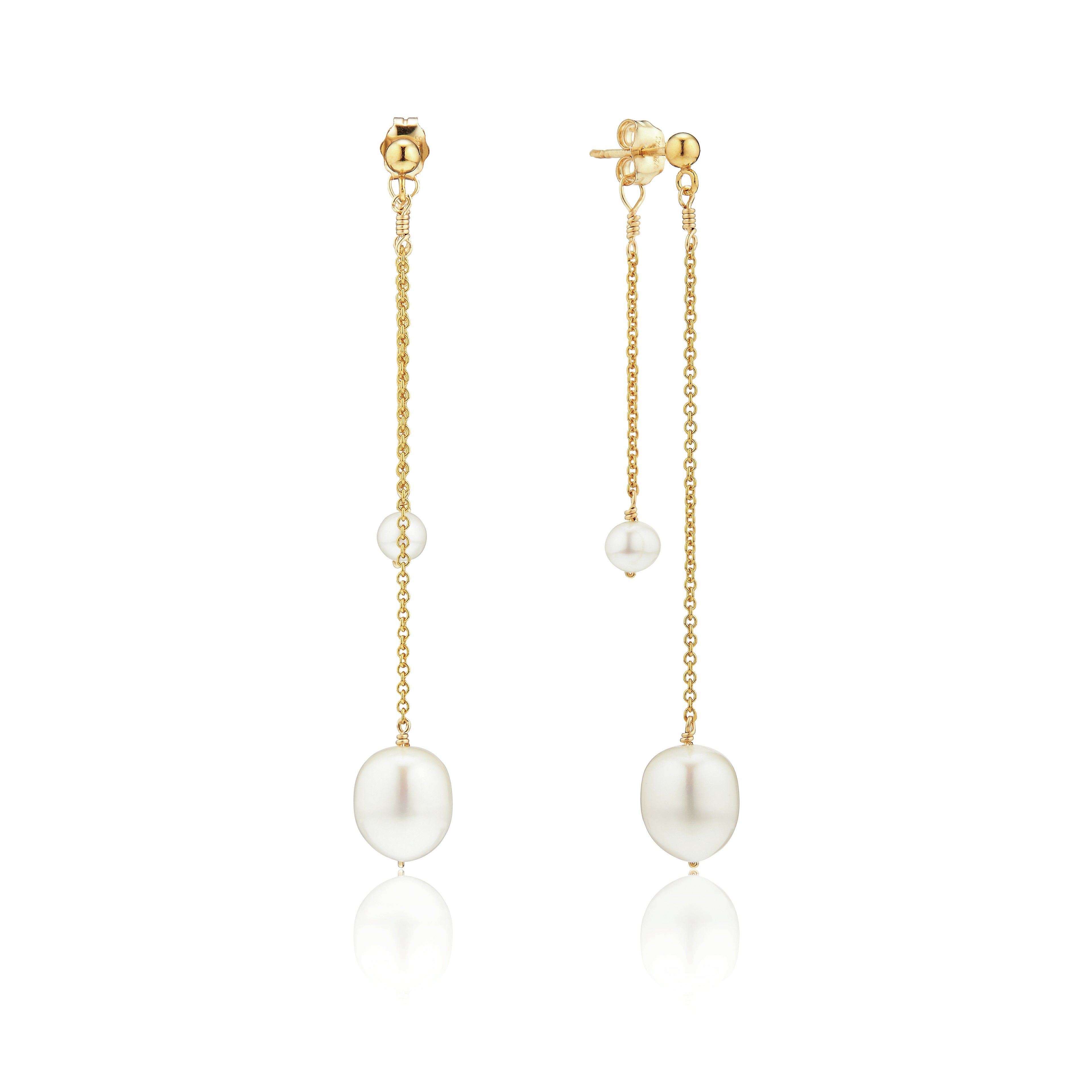Gold layered large and small pearl earrings on a white background