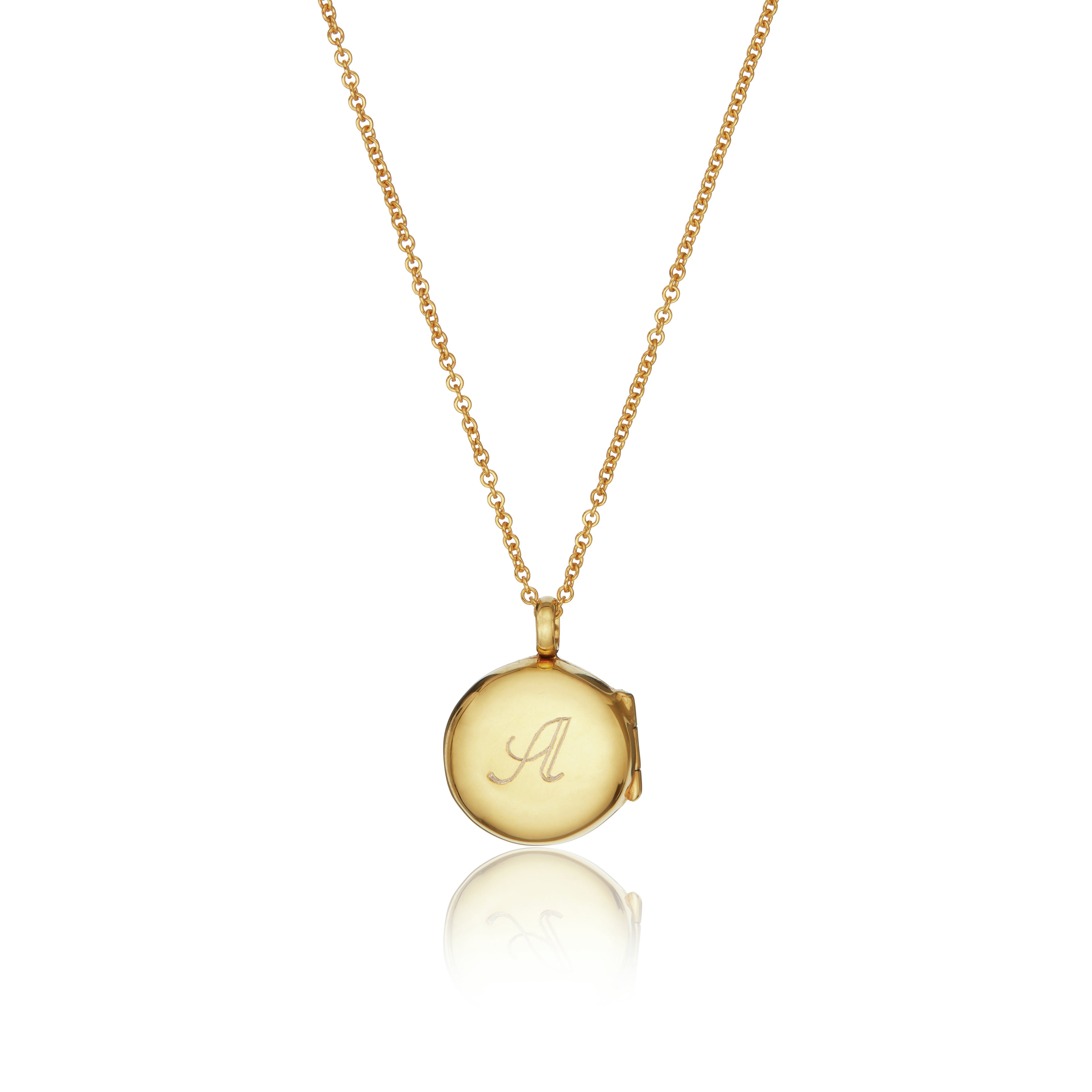 Gold small round diamond locket necklace with the letter 'A' engraved on a white background