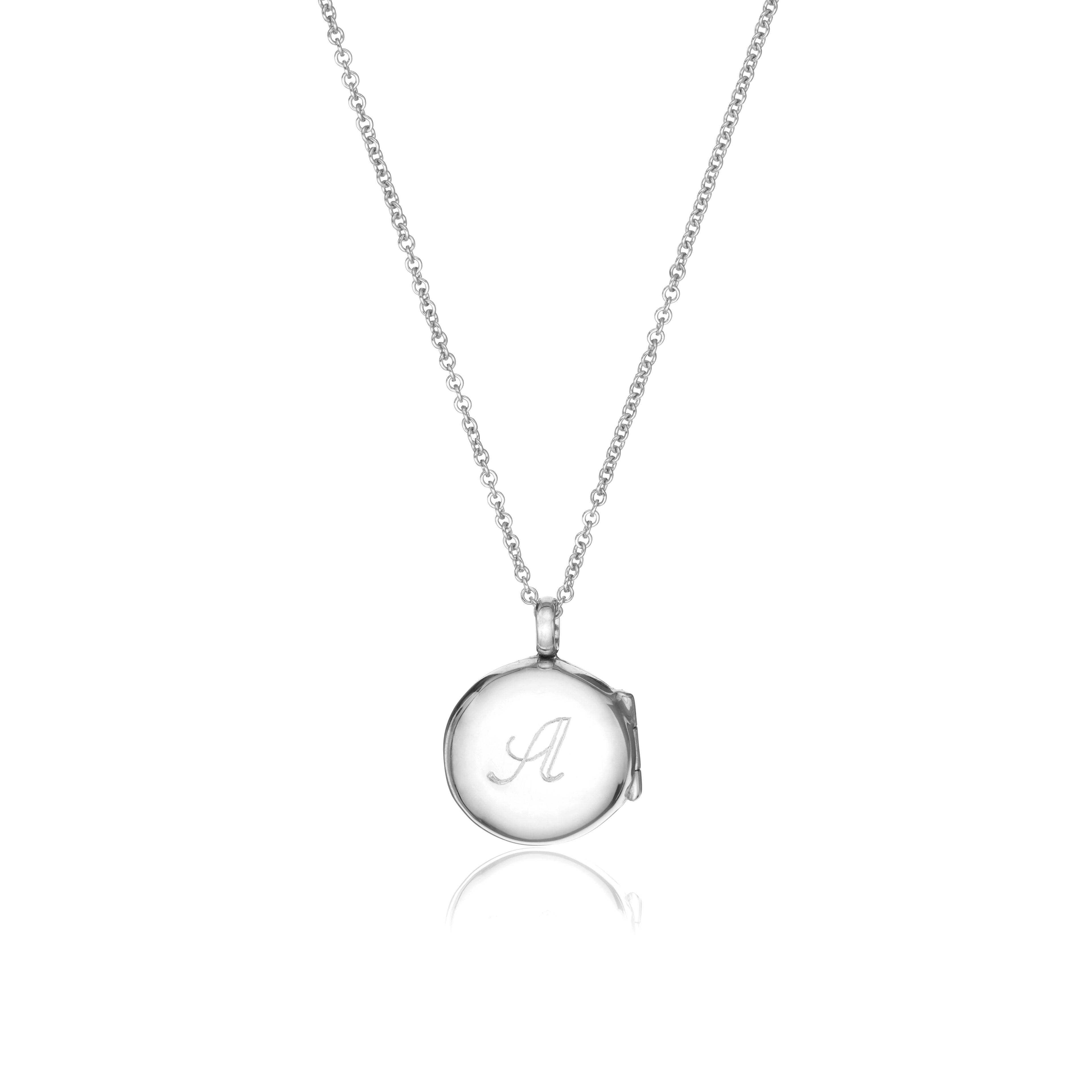 Silver small round diamond locket necklace with the letter 'A' engraved