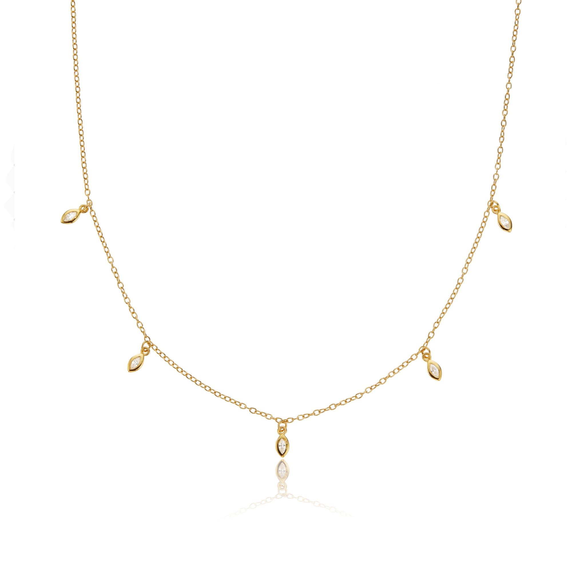 Gold diamond style marquise drop necklace on a white background