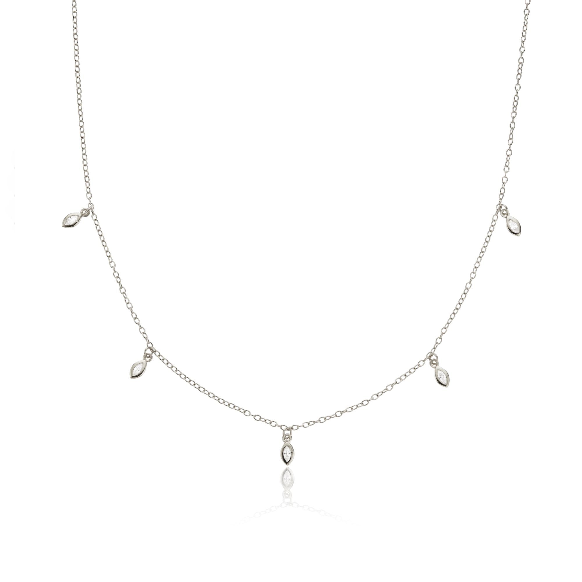 Silver diamond style marquise drop necklace on a white background