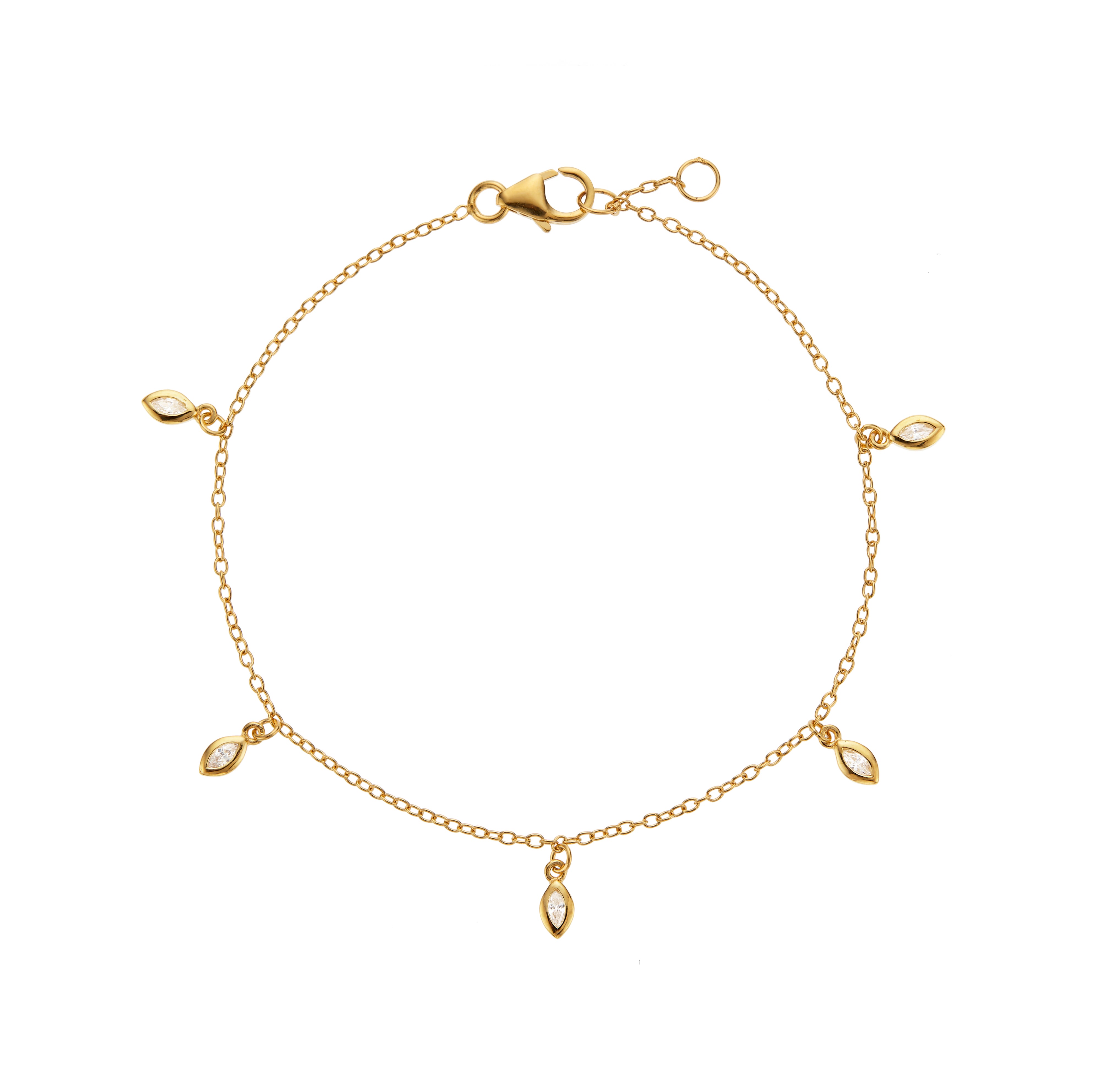 Gold diamond style marquise drop bracelet on a white background