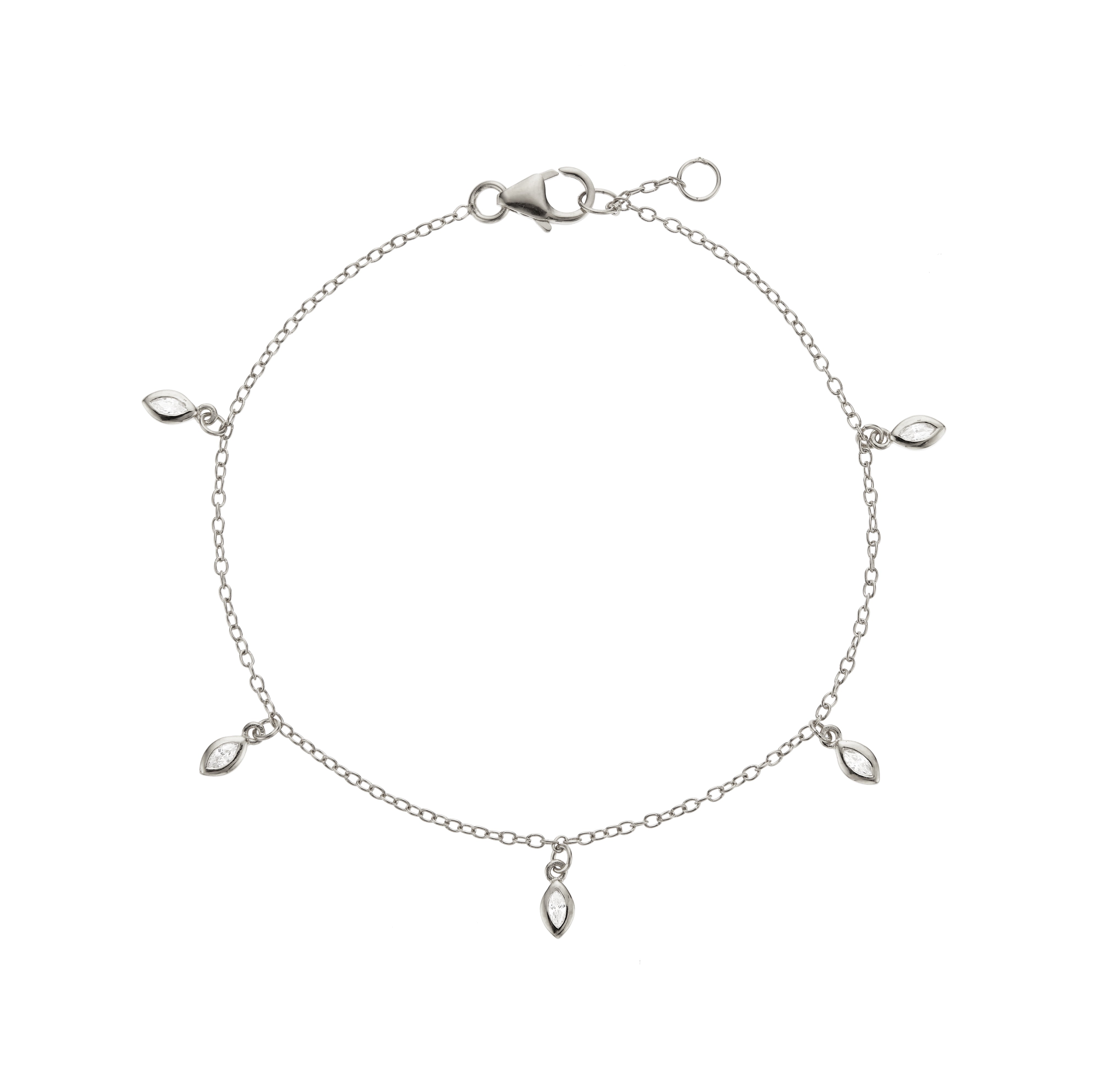 Silver diamond style marquise drop bracelet on a white background