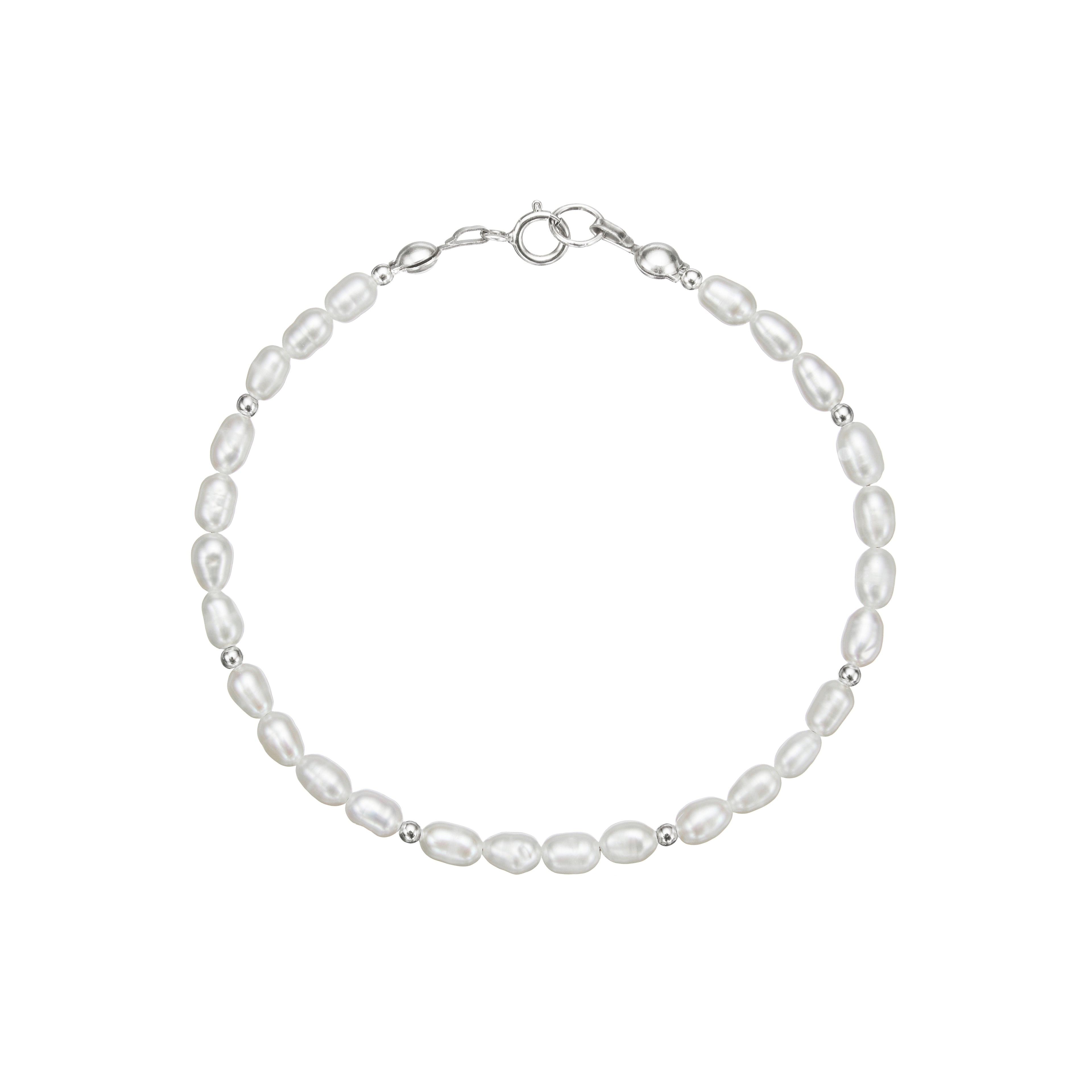 Silver beaded seed pearl bracelet on a white background