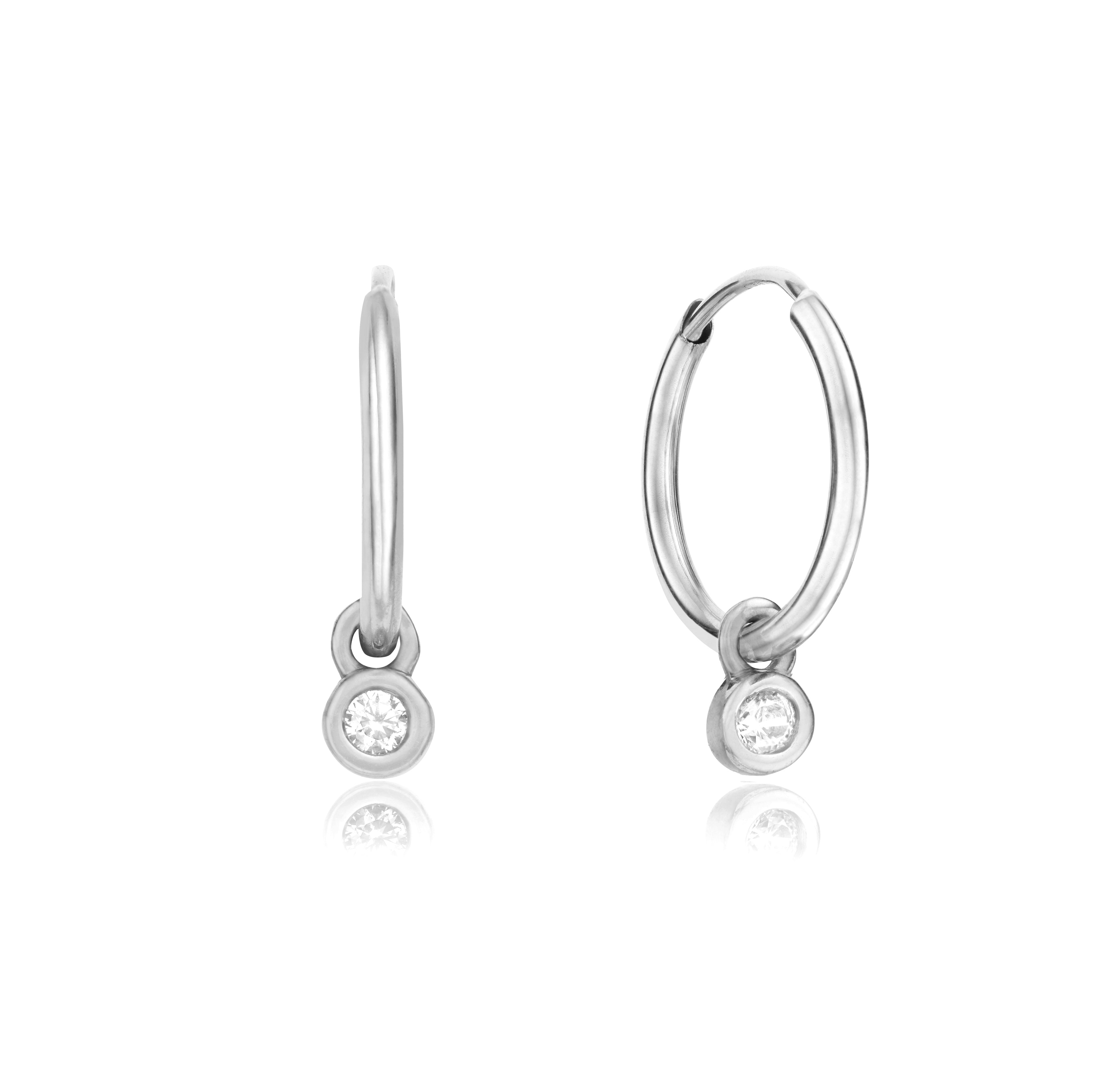 Solid White Gold Mini Floating Diamond Hoop Earrings