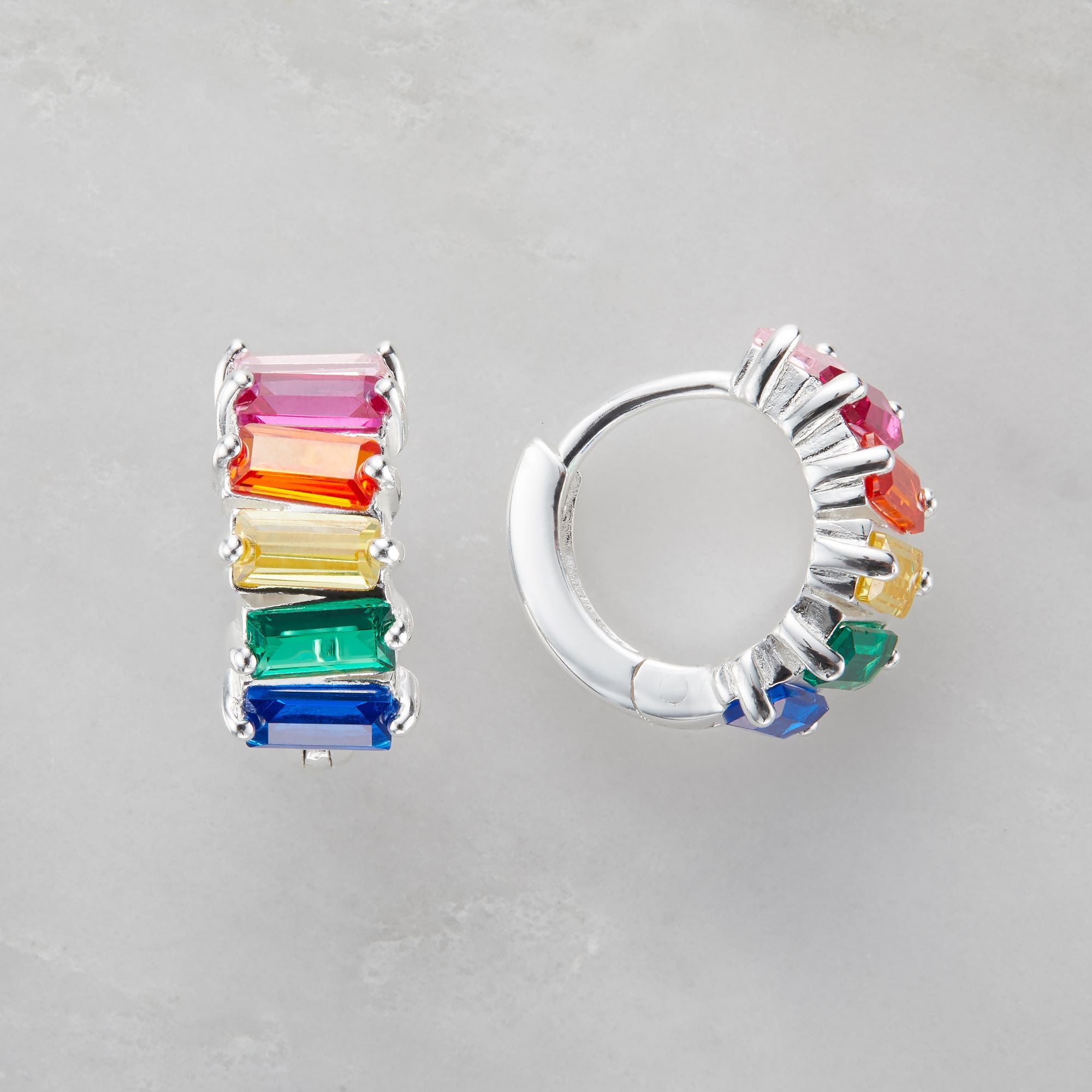 Silver Rainbow Gemstone Cluster Huggie Hoop Earrings