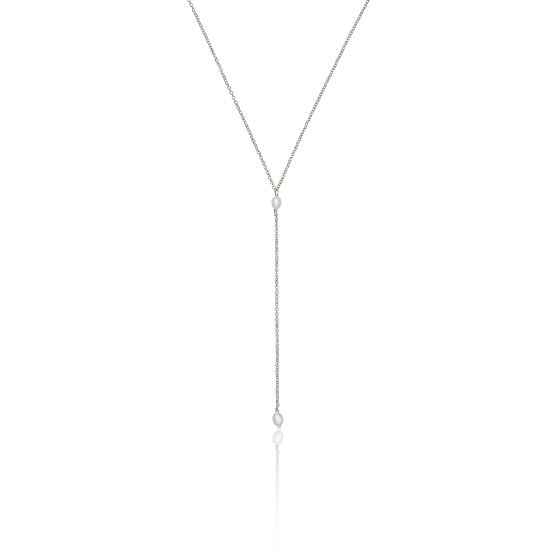 Silver Double Seed Pearl Lariat Necklace