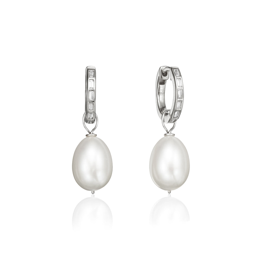 Diamond Style Baguette Pearl Drop Hoop Earrings
