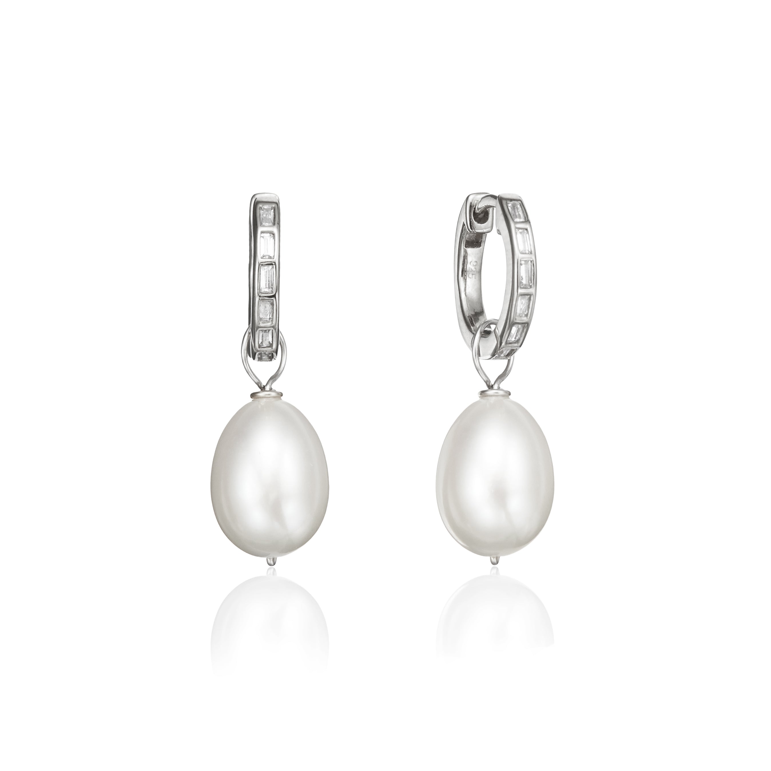Silver diamond style baguette pearl drop hoop earrings on a white background