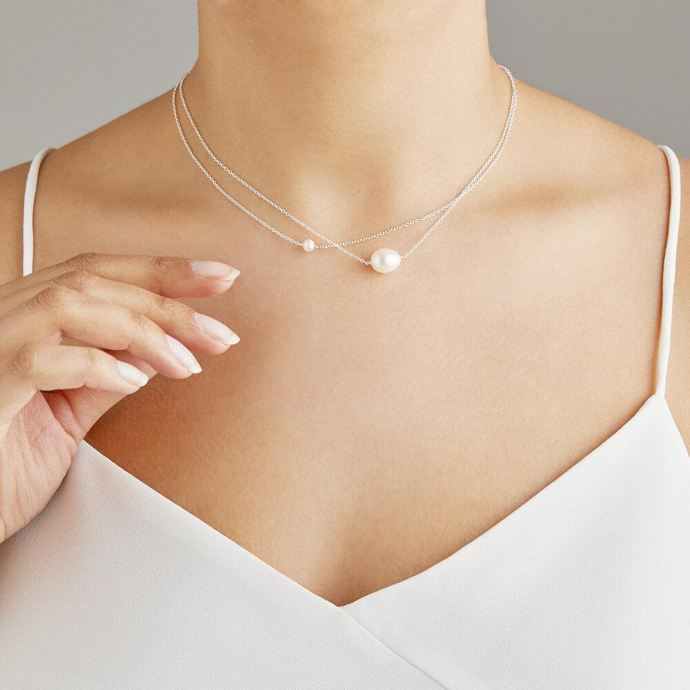 White Gold Layered Large and Small Pearl Choker