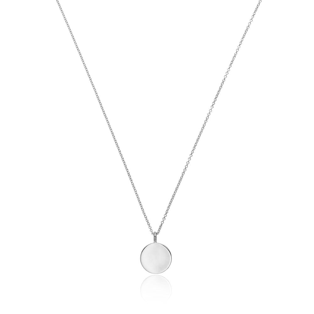 Plain silver small diamond style disc necklace on a white background