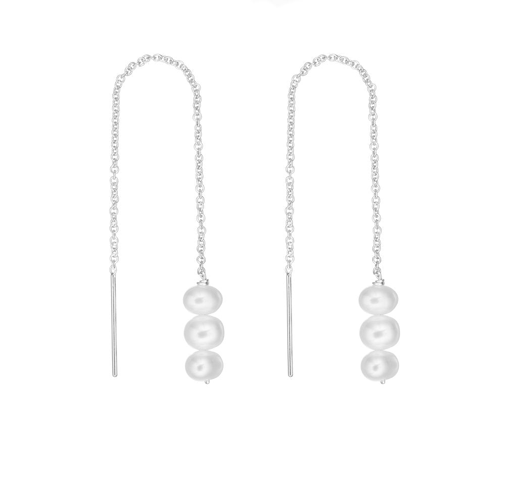 Silver cluster pearl drop ear threaders on a white background