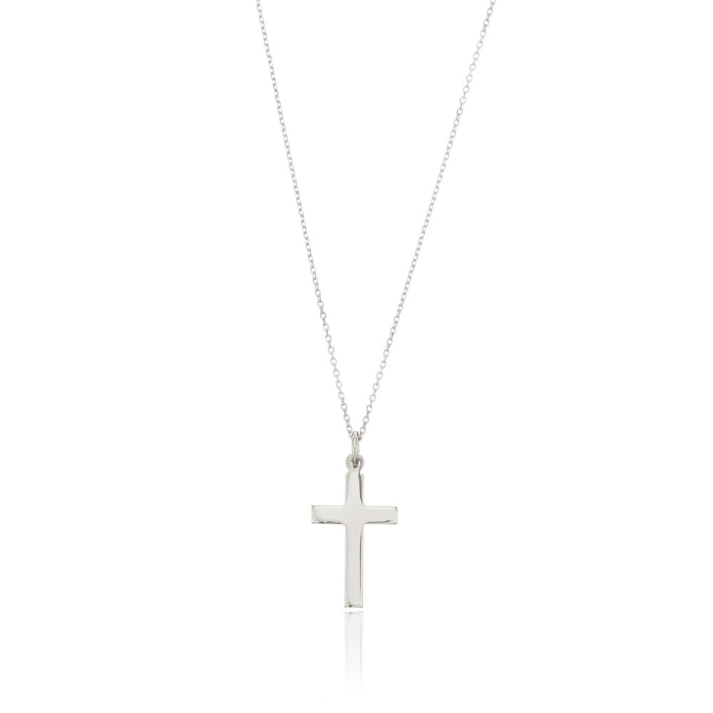 Silver cross necklace on a white background