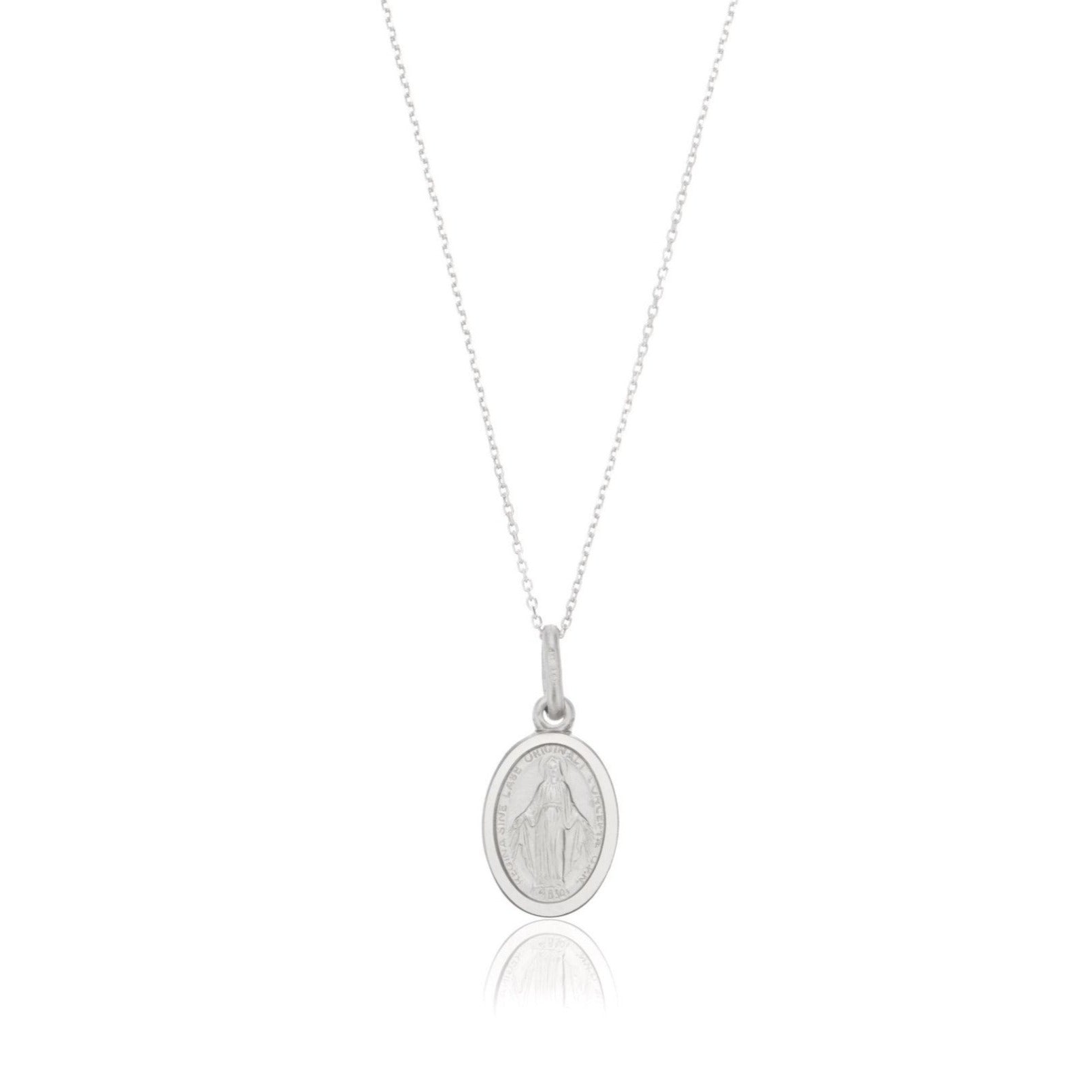 Silver small virgin mary necklace on a white background