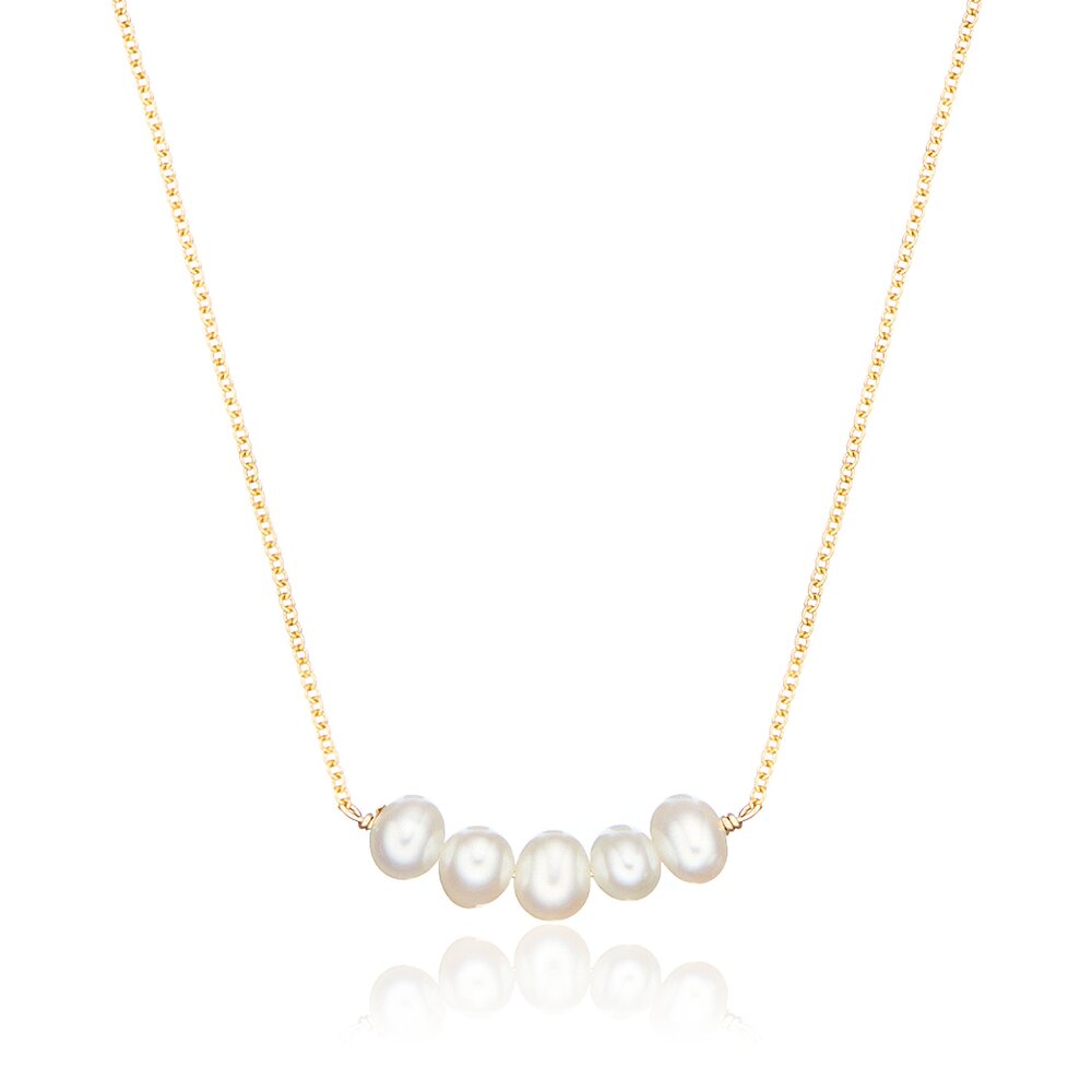 Gold pearl cluster necklace on a white background