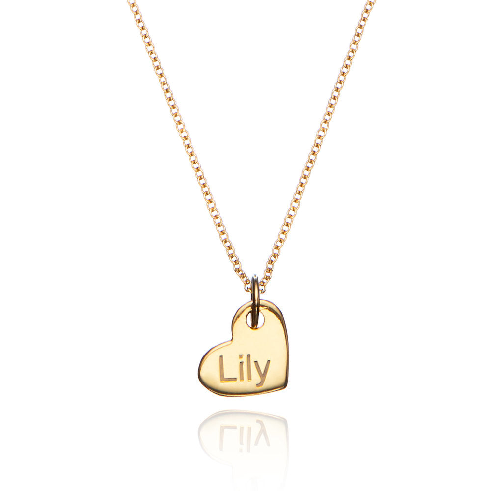 Gold small personalised heart necklace with the name 'Lily' engraved on a white background