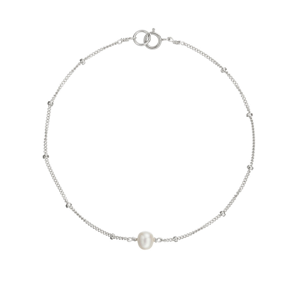 Silver satellite pearl bracelet on a white background