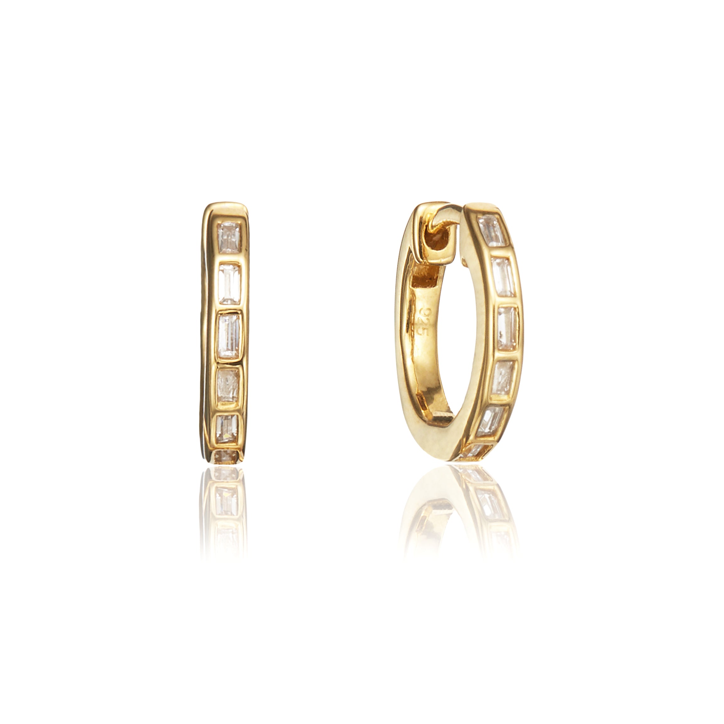A pair of gold diamond style baguette pearl drop hoop earrings on a white background