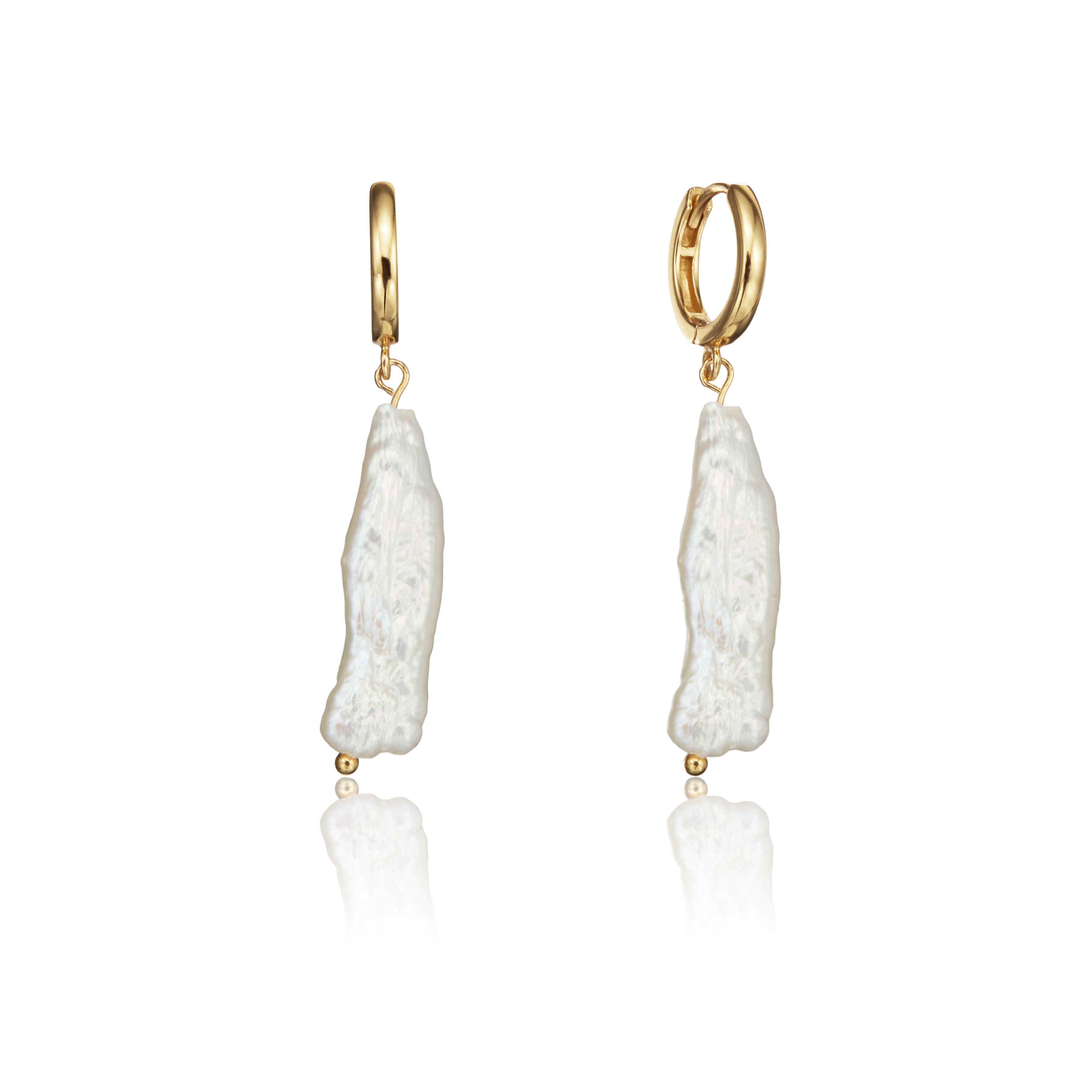 gold baroque pearl shard hoop earrings on a white background