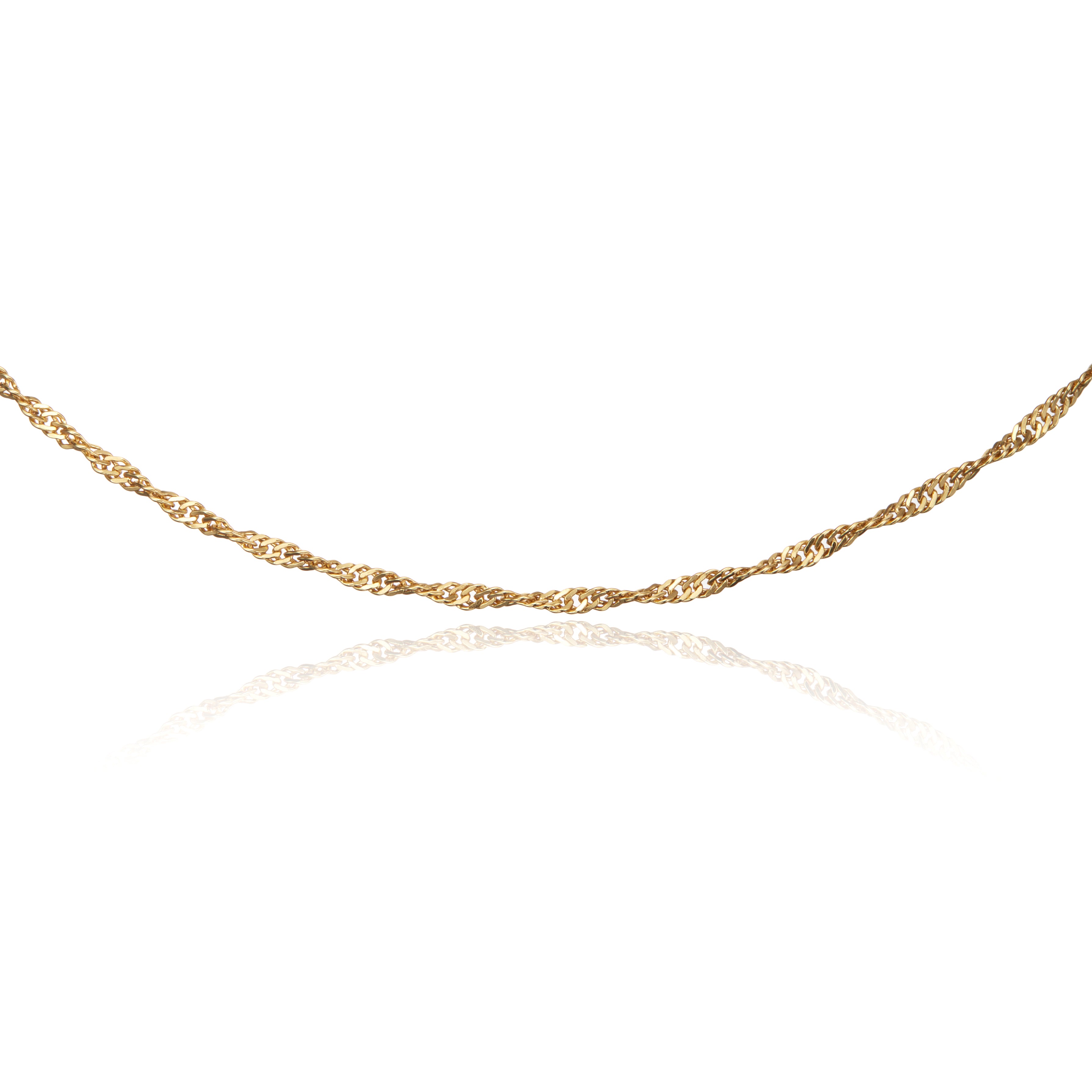 Bottom part of gold twisted rope chain necklace on a white background with it's reflection below it