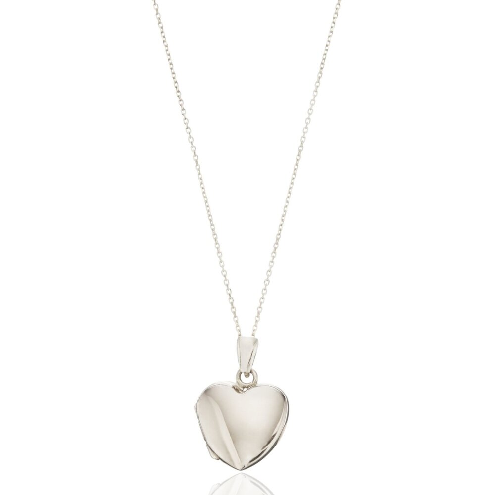 Silver small heart locket necklace on a white background