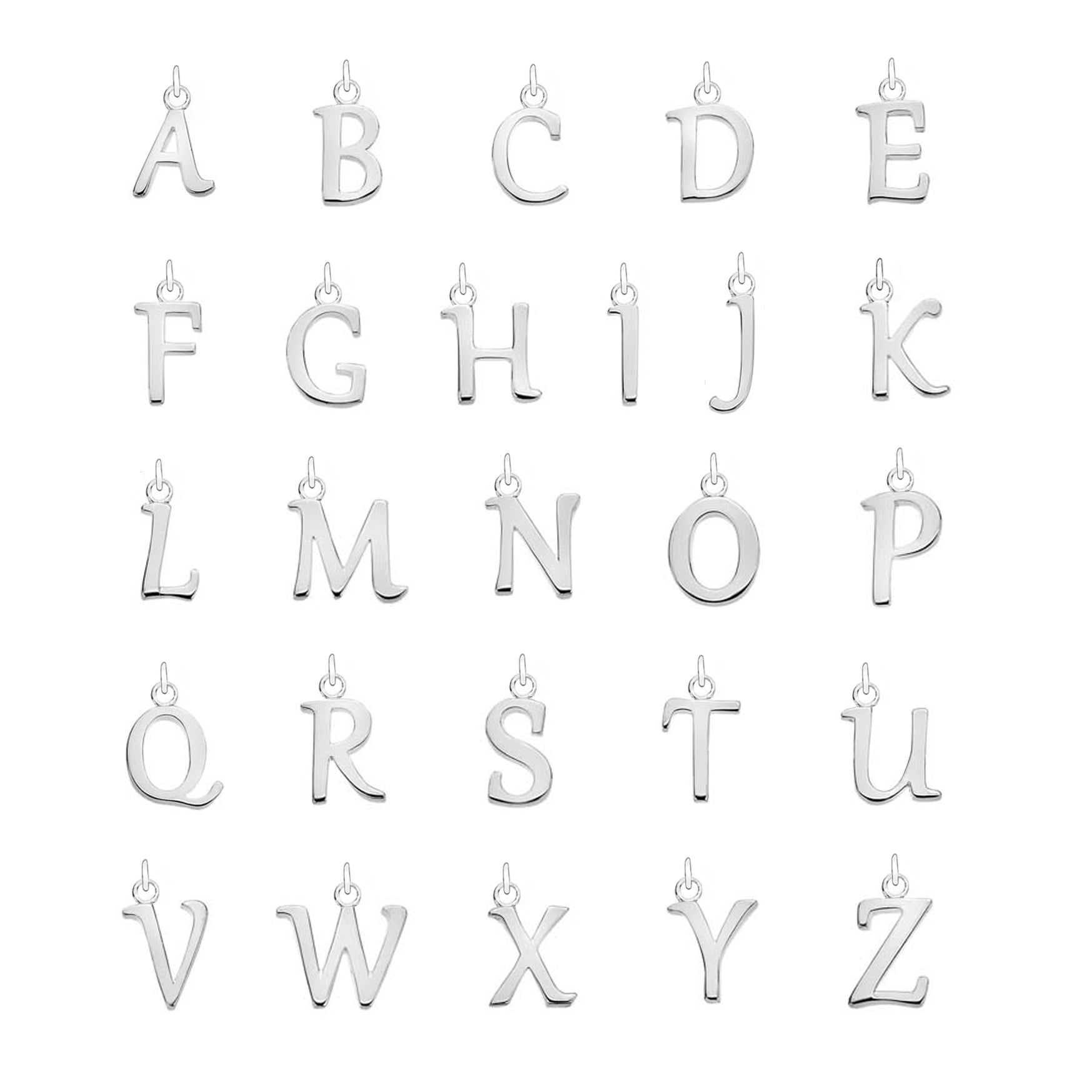 Every letter of the alphabet silver individual curve initial charms in alphabetical order on a white backround